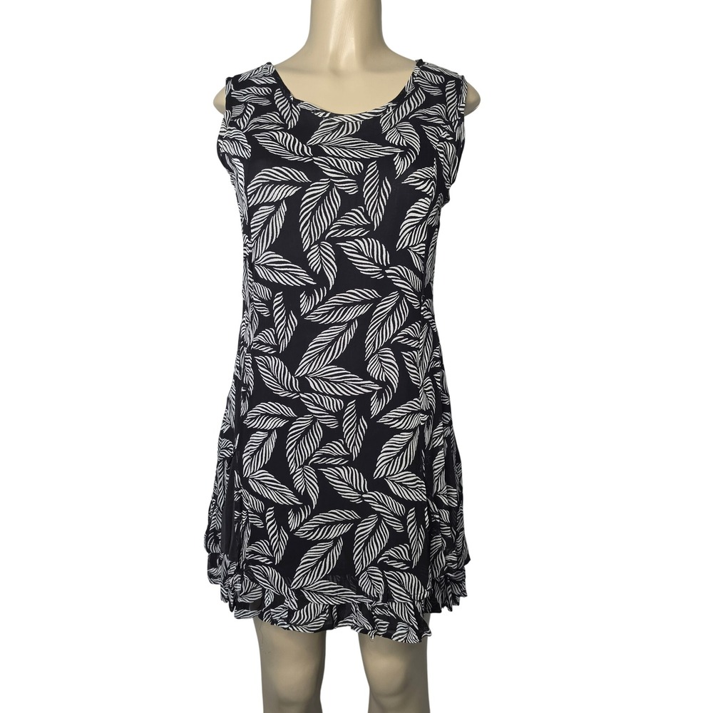 Sacred Threads Dress Women S/M Black White Leaf Sleeveless Ruffle Mini Boho